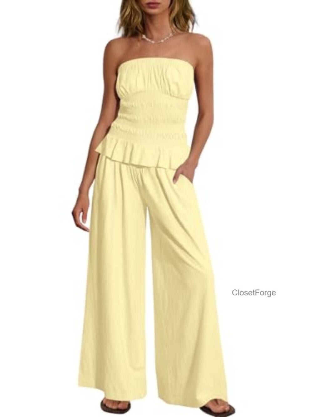 Womens 2 Piece Lounge Set Tube Top Wide Leg Pants Outfit Sleeveless